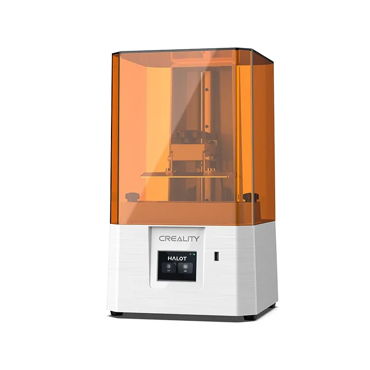 Impressora 3D de resina Creality Halot-X1 Neo, gabinete branco com tampa amarela translúcida, em imagem oficial da fabricante