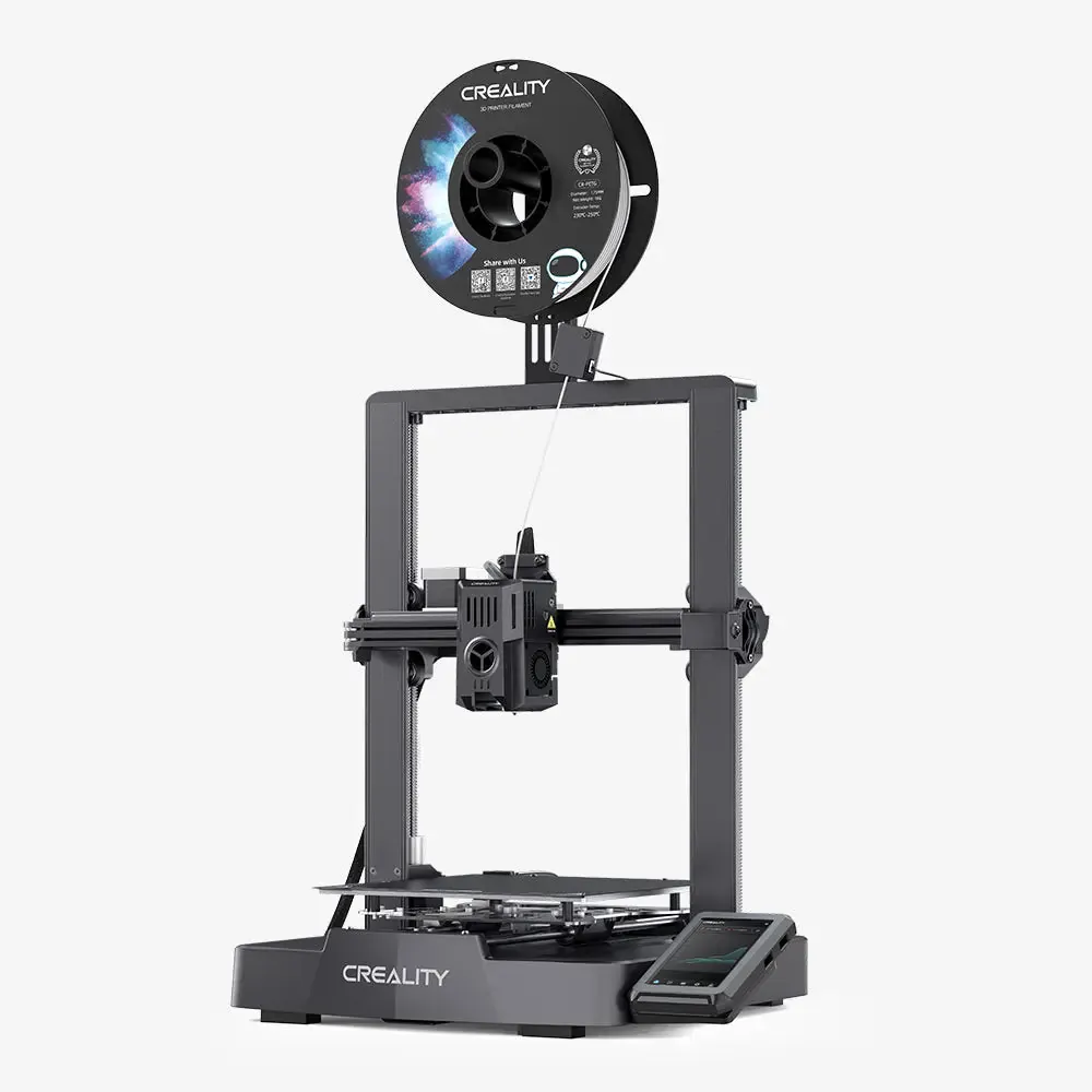Impressora 3D Creality Ender-3 V3 KE de frente, com o rolo de filamento no suporte do topo